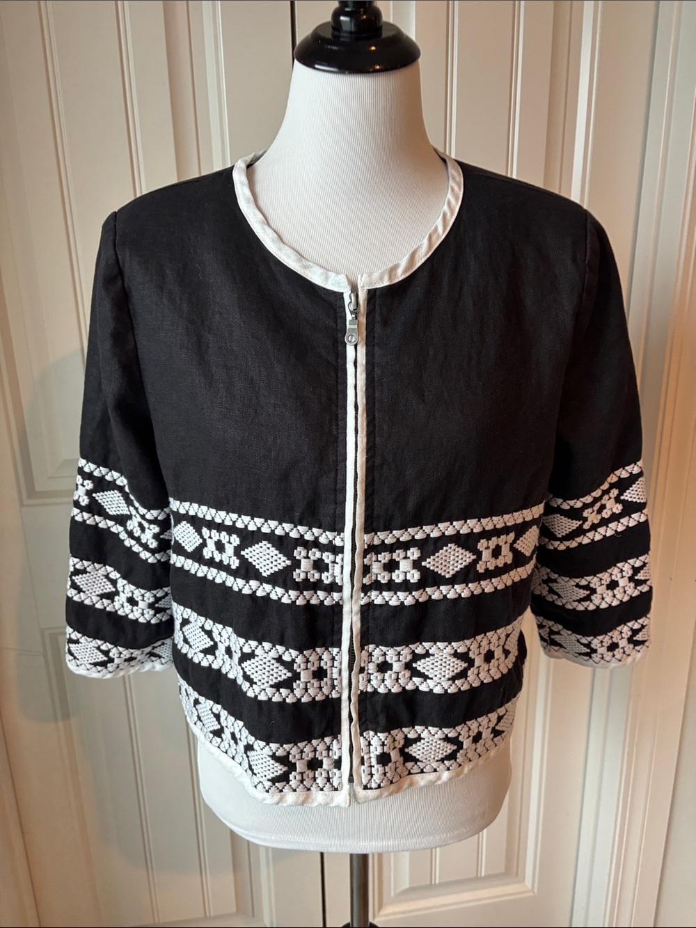 Multiples Black and White Embroidered Zip-Front Jacket